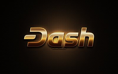 Dash glitter logo, cryptocurrency, grid metal background, Dash, creative, cryptocurrency signs, Dash logo