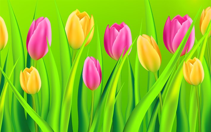 violet tulipes, des tulipes jaunes, fleurs de printemps, fond avec des tulipes, des dessins anim&#233;s les tulipes, les belles fleurs, les tulipes