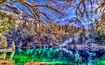 Green Lake, mountains, winter, HDR, beautiful nature, forest, Apls, Europe