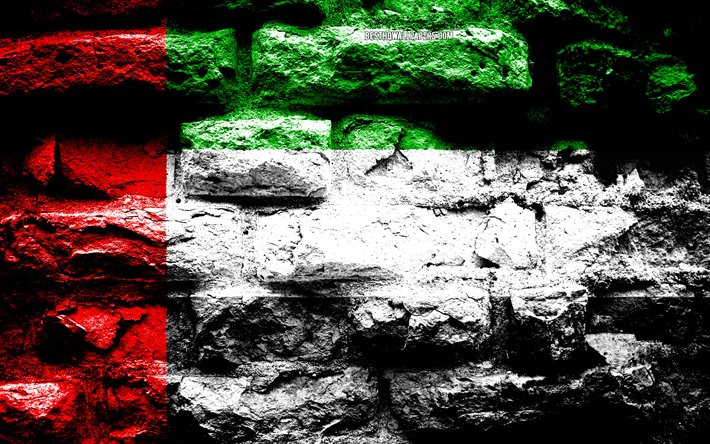 Emirati Arabi uniti, bandiera, grunge texture di mattoni, Bandiera degli Emirati Arabi Uniti, bandiera su un muro di mattoni, Emirati Arabi Uniti, le bandiere dei paesi dell&#39;asia, Bandiera degli EMIRATI arabi uniti