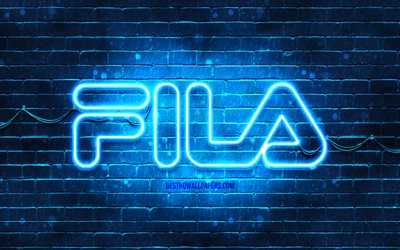Fila blue logo, 4k, blue brickwall, Fila logo, brands, Fila neon logo, Fila