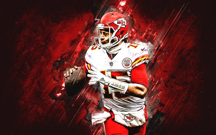 Patrick Mahomes, Kansas City Chiefs, NFL, american football player, portrait, red background, National Football League, USA