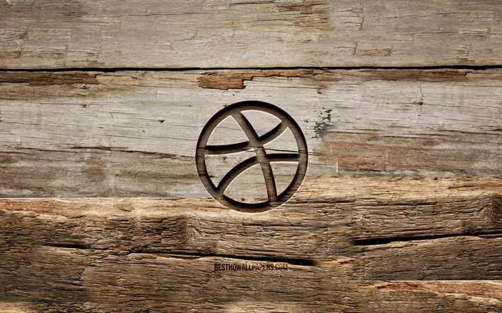 ドリブル木製ロゴ, 4k, 木製の背景, お, ドリブブルロゴ, creative クリエイティブ, 木彫り, Dribbble