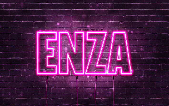 Enza, 4k, bakgrundsbilder med namn, kvinnliga namn, Enza-namn, lila neonljus, Enza Birthday, Happy Birthday Enza, popul&#228;ra italienska kvinnliga namn, bild med Enza-namn
