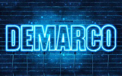Demarco, 4k, wallpapers with names, Demarco name, blue neon lights, Demarco Birthday, Happy Birthday Demarco, popular italian male names, picture with Demarco name