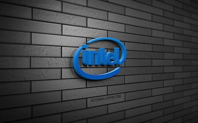 Intel 3D logosu, 4K, gri brickwall, yaratıcı, markalar, Intel logosu, 3D sanat, Intel