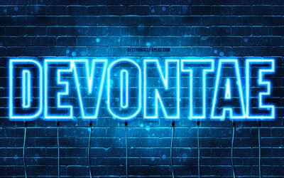 Devontae, 4k, sfondi con nomi, nome Devontae, luci al neon blu, compleanno Devontae, buon compleanno Devontae, nomi maschili italiani popolari, foto con nome Devontae