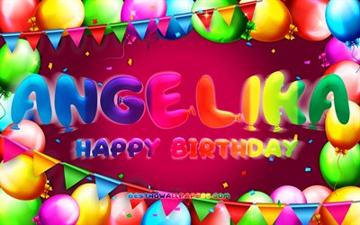 Happy Birthday Angelika, 4k, colorful balloon frame, Angelika name, purple background, Angelika Happy Birthday, Angelika Birthday, popular german female names, Birthday concept, Angelika