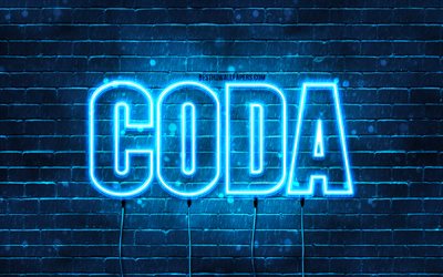 Coda, 4k, des fonds d&#39;&#233;cran avec des noms, le nom de Coda, des n&#233;ons bleus, Coda Anniversaire, Joyeux Anniversaire Coda, des noms masculins italiens populaires, une photo avec le nom de Coda