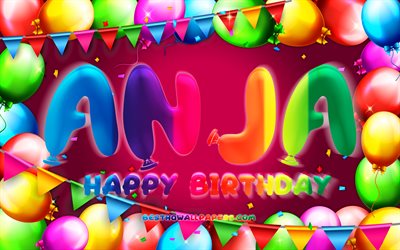 誕生日おめでとう, 4k, カラフルなバルーンフレーム, アンジャ名, 紫の背景, アンジャの誕生日, 人気のドイツの女性の名前, 誕生日のコンセプト, アーニャ