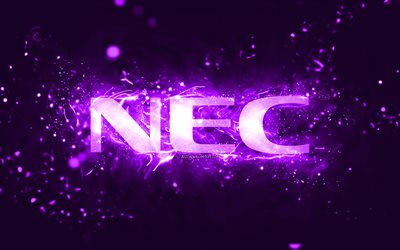 violettes nec-logo, 4k, violette neonlichter, kreativer, violetter abstrakter hintergrund, nec-logo, marken, nec