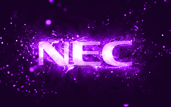 NEC violetti logo, 4k, violetti neon valot, luova, violetti abstrakti tausta, NEC logo, tuotemerkit, NEC