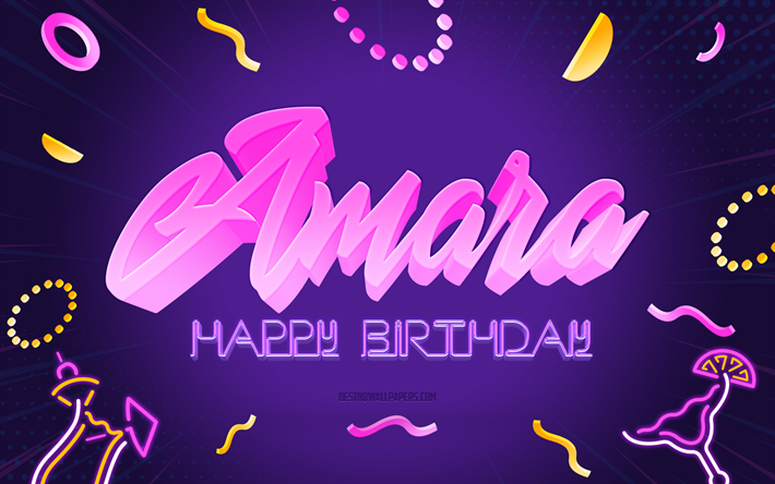 Joyeux Anniversaire Amara, 4k, Purple Party Background, Amara, art cr&#233;atif, Amara nom, Amara Anniversaire, F&#234;te D&#39;Anniversaire Fond