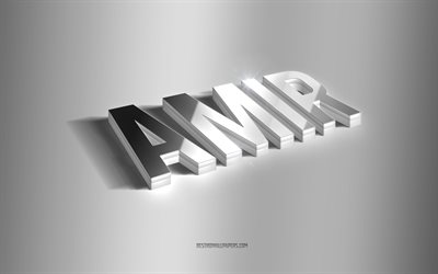 Amir, silver 3d konst, gr&#229; bakgrund, tapeter med namn, Amir namn, Amir gratulationskort, 3d konst, bild med Amir namn