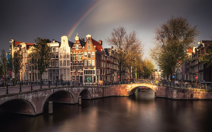 Amsterdam, matin, arc-en-ciel, lever de soleil, canal, Paysage urbain d&#39;Amsterdam, b&#226;timents, Pays-Bas
