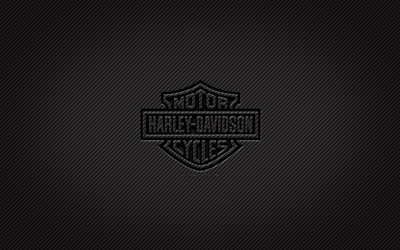 Harley-Davidson hiililogo, 4k, grunge-taide, hiilitausta, luova, Harley-Davidsonin musta logo, tuotemerkit, Harley-Davidson-logo, Harley-Davidson