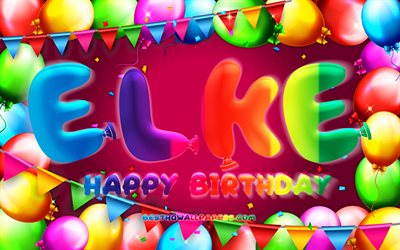 誕生日おめでとう, 4k, カラフルなバルーンフレーム, エルケの名前, 紫の背景, エルケの誕生日, 人気のドイツの女性の名前, 誕生日のコンセプト, エルケ