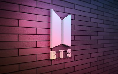 BTS 3D logo, 4K, Bangtan Boys, violet brickwall, creative, music stars, BTS logo, 3D art, BTS