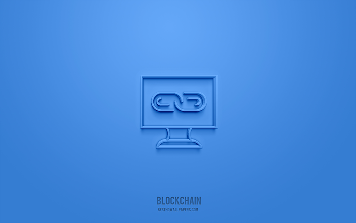 Blockchain &#237;cone 3d, fundo azul, s&#237;mbolos 3d, Blockchain, &#237;cones de finan&#231;as, &#237;cones 3d, sinal Blockchain, finan&#231;as 3d &#237;cones, criptomoeda