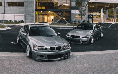 BMW M3 E46, gray coupe, BMW M3 E92, M3 tuning, comparison of E46 and E92, German cars, gray M3, BMW