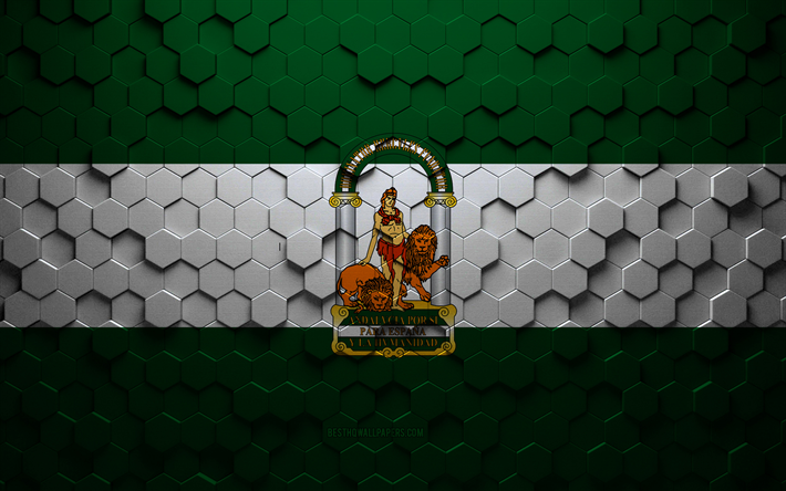 Bandiera dell&#39;Andalusia, arte a nido d&#39;ape, bandiera di esagoni dell&#39;Andalusia, Andalusia, arte di esagoni 3d, bandiera dell&#39;Andalusia