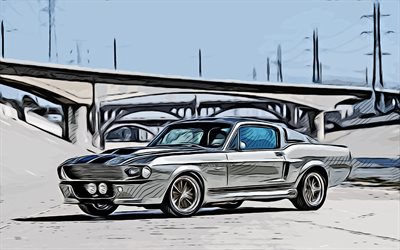 Ford Shelby Mustang GT500 Eleanor, 4K, vector art, 1967 cars, abstract cars, creative, Shelby Mustang GT500 Eleanor drawing, muscle cars, cars drawings, Ford