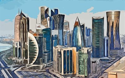 Doha, 4k, vector art, Doha drawing, creative art, Doha art, vector drawing, abstract Doha cityscape, cities drawings, Qatar