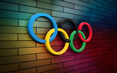 3D Olympic rings, 4K, colorful brickwall, creative, sports emblems, Olympic rings, 3D art, Colorful Olympic rings