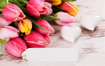 Tulipas, primavera, buqu&#234; de flores do campo, tulipas cor-de-rosa, tulipas amarelas
