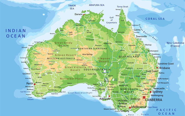 Carte de l&#39;Australie, 4k, carte g&#233;ographique, le continent de la carte, des oc&#233;ans, du paysage, de l&#39;Australie