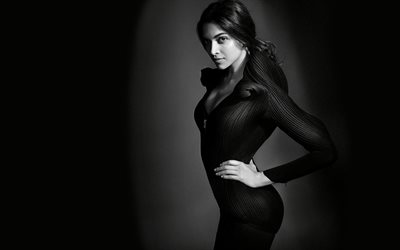 Дипика Падуконе, A atriz indiana, foto preto e branco, sess&#227;o de fotos, vestido preto, Estrela &#237;ndia, modelo de moda, mulher bonita, Bollywood