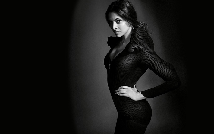 Deepika Padukone, l&#39;actrice Indienne, photo en noir et blanc, photo, robe noire, Indienne star, mod&#232;le de mode, belle femme, Bollywood