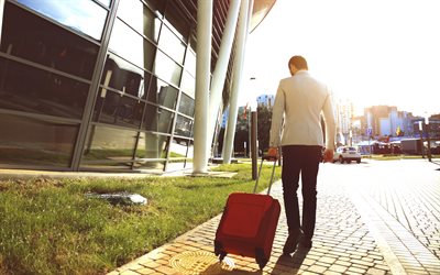 viajante, voos, aeroporto, o homem com o saco de, conceitos de viagens, viagens de neg&#243;cios, 4k