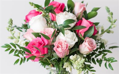 kaunis vaaleanpunainen kimppu, h&#228;&#228;t kukkakimppu, vaaleanpunaisia ruusuja, valkoisia ruusuja