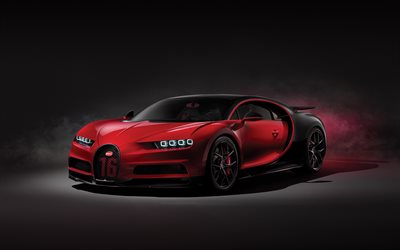 Bugatti Chiron Deporte, 2019, hypercar, tuning, rojo negro Quir&#243;n, supercar, exterior, vista de frente, Bugatti