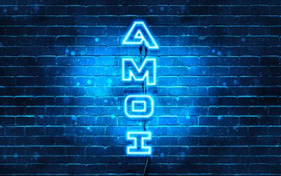 4K, Amoi青色のロゴ, テキストの垂直, 青brickwall, Amoiネオンのロゴ, 創造, Amoiロゴ, 作品, Amoi