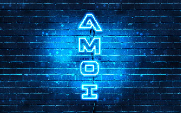 4K, Amoi blue logo, vertical text, blue brickwall, Amoi neon logo, creative, Amoi logo, artwork, Amoi