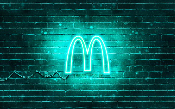 McDonalds turquesa logotipo de 4k, turquesa brickwall, McDonalds logotipo, marcas, McDonalds, ne&#243;n logotipo de McDonalds