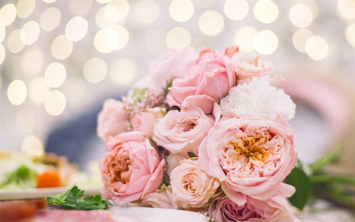 wedding bouquet, pink roses, bokeh, pink flowers, bouquet of roses, roses bouquet
