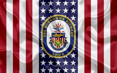 uss bonhomme richard-emblem, lhd 6, american flag, us-navy, usa, uss bonhomme richard abzeichen, us-kriegsschiff, wappen der uss bonhomme richard