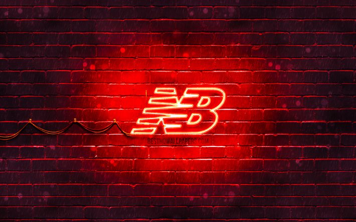 New Balance punainen logo, 4k, punainen brickwall, New Balance logo, merkkej&#228;, New Balance neon-logo, New Balance