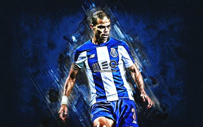 Pepe, Porto FC, Portuguese football player, portrait, blue stone background, football, Kepler Laveran Lima Ferreira