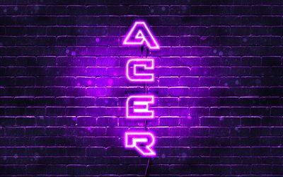 4K, Acer viola logo, testo verticale, viola, brickwall, Acer neon logo, creativo, logo Acer, opere d&#39;arte, Acer