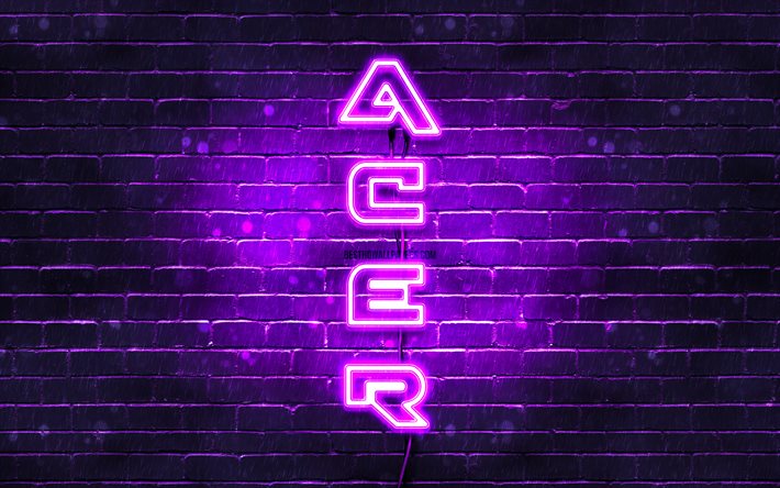 4K, Acer violeta logotipo, texto vertical, violeta brickwall, Acer neon logotipo, criativo, Logotipo da Acer, obras de arte, Acer