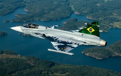 Saab JAS 39 Gripen, F-39E, Brazilian Air Force, FAB, Brazilian fighter, combat aircraft, Brazilian Armed Forces, Brazil flag