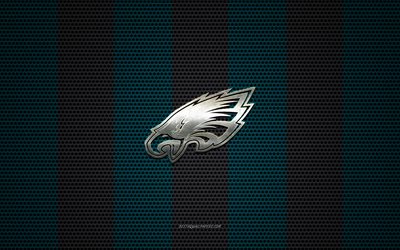 Philadelphia Eagles logo, American football club, metal emblem, blue black metal mesh background, Philadelphia Eagles, NFL, Philadelphia, Pennsylvania, USA, american football