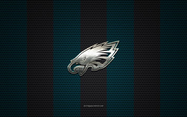 Philadelphia Eagles logo, American football club, metal emblem, blue black metal mesh background, Philadelphia Eagles, NFL, Philadelphia, Pennsylvania, USA, american football