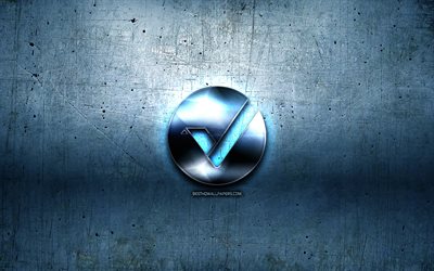 Vertcoin metal logo, grunge, cryptocurrency, blue metal background, Vertcoin, creative, Vertcoin logo