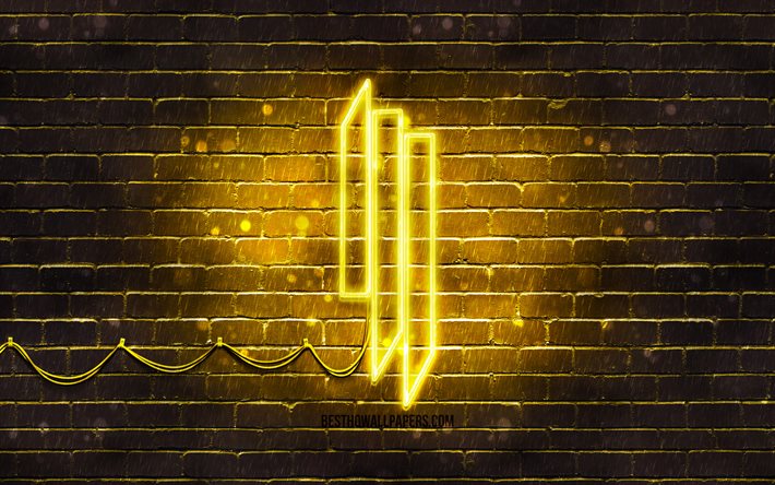 Skrillex yellow logo, 4k, superstars, american DJs, yellow brickwall, Skrillex logo, Sonny John Moore, Skrillex, music stars, Skrillex neon logo