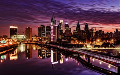 Philadelphia, 4k, paesaggi notturni, le citt&#224; americane, in Pennsylvania, America, di notte, USA, la Citt&#224; di Filadelfia, Citt&#224; della Pennsylvania